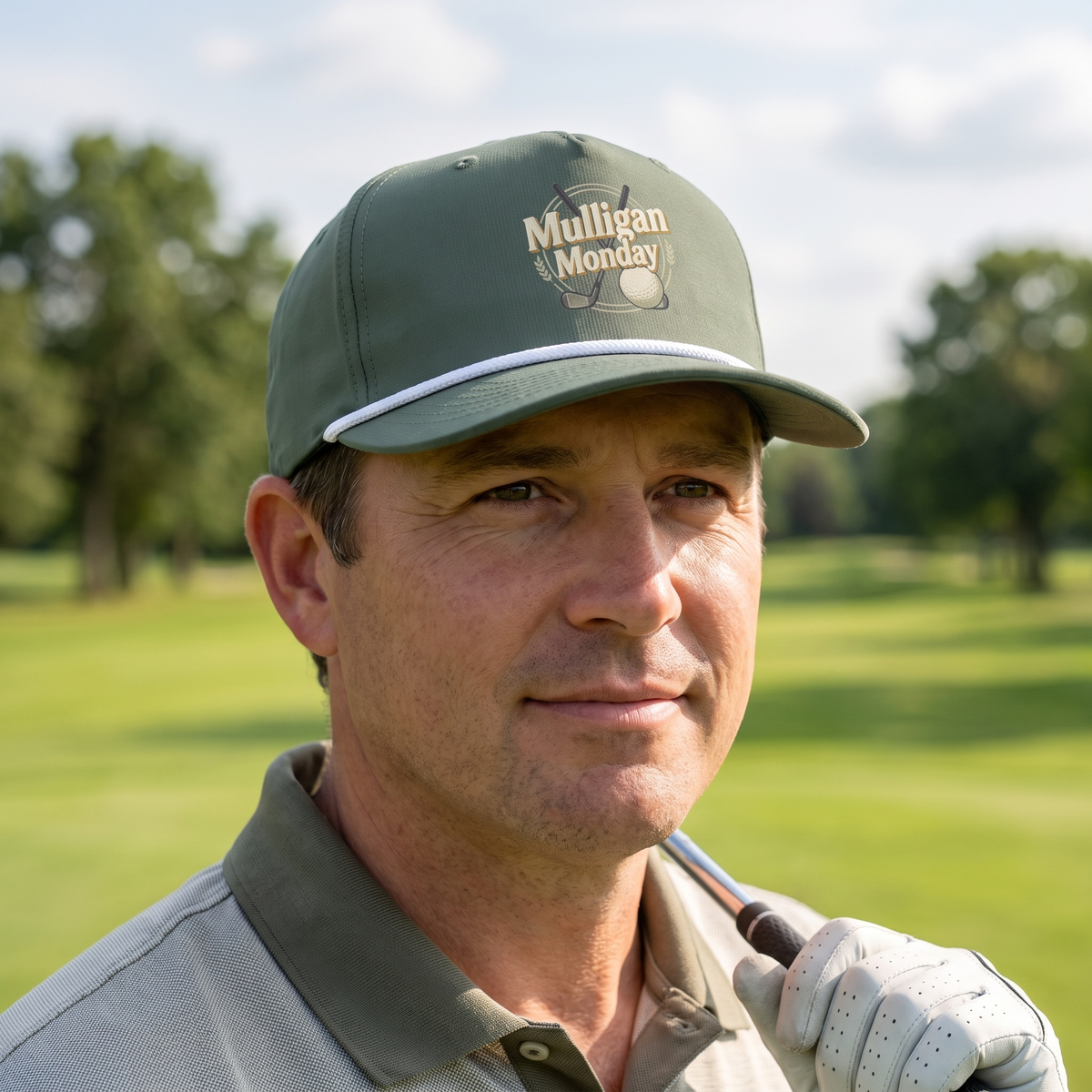 A golfer on a golf course wearing the Mulligan Monday rope hat in Moss with a white rope.