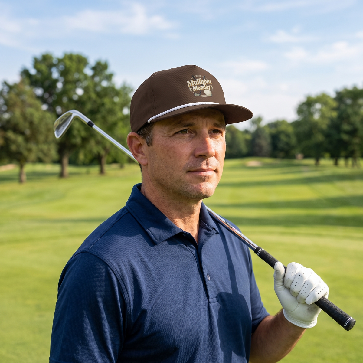 A golfer on a golf course wearing the Mulligan Monday rope hat in Espresso with a white rope.