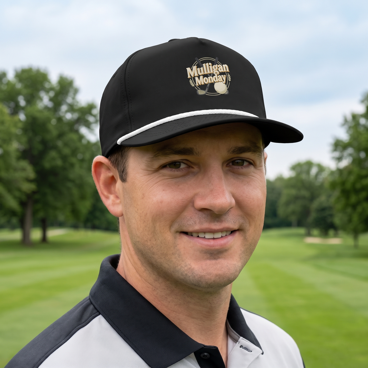 A golfer on a golf course wearing the Mulligan Monday rope hat in Black with a white rope.