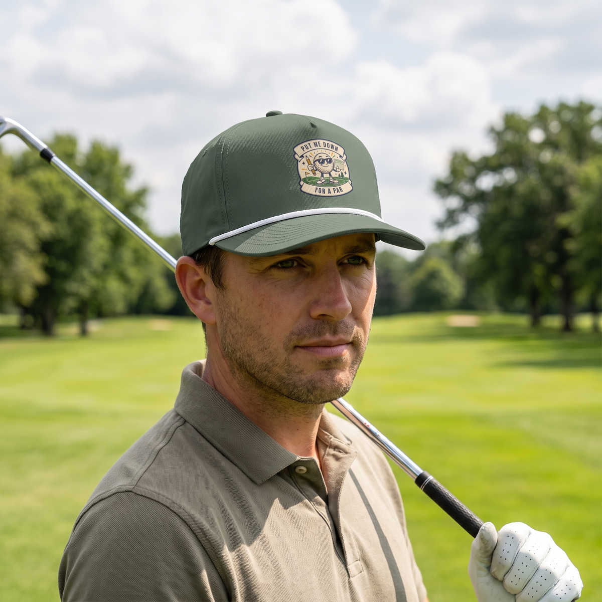 A golfer on a golf course wearing the Put Me Down for Par rope hat in Moss with a white rope.