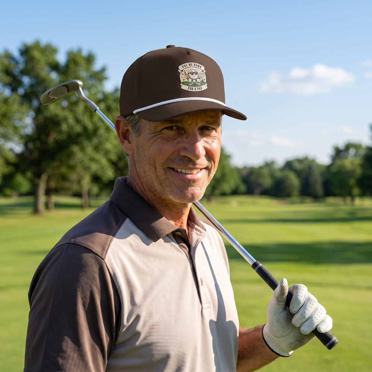 A golfer on a golf course wearing the Put Me Down for Par rope hat in Espresso with a white rope.
