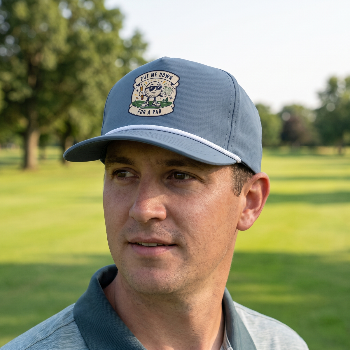 A golfer on a golf course wearing the Put Me Down for Par rope hat in Blue Jean with a white rope.