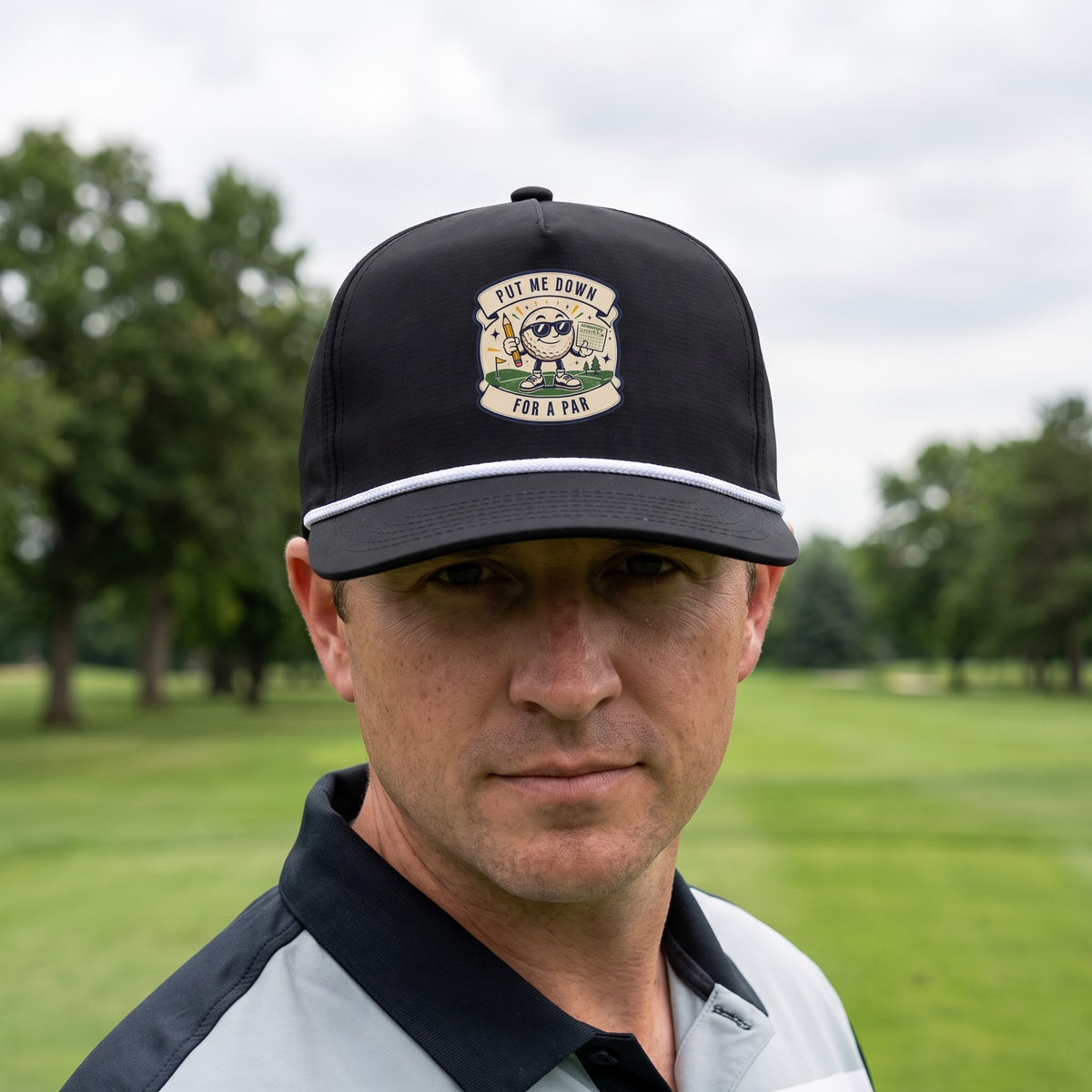 A golfer on a golf course wearing the Put Me Down for Par rope hat in Black with a white rope.