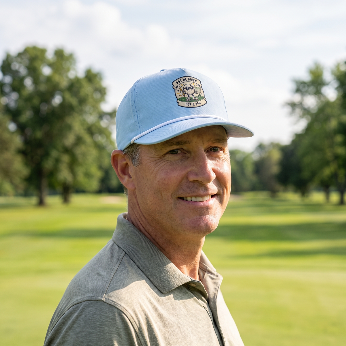 A golfer on a golf course wearing the Put Me Down for Par rope hat in Chambray with a white rope.