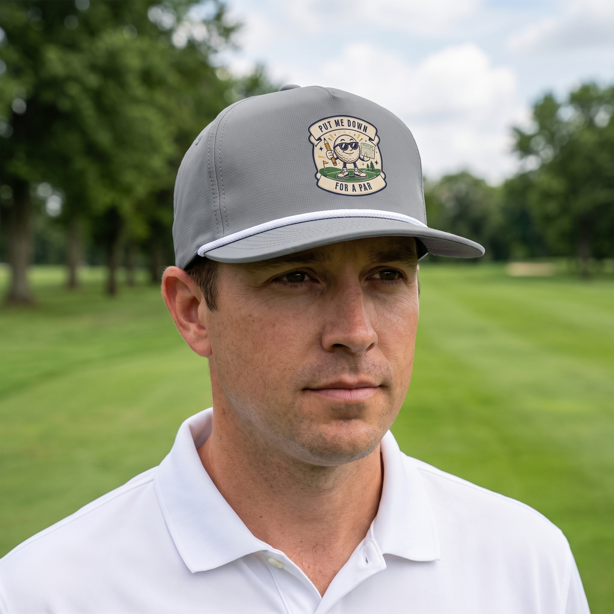 A golfer on a golf course wearing the Put Me Down for Par rope hat in Granite with a white rope.