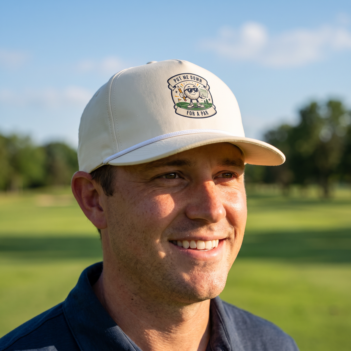A golfer on a golf course wearing the Put Me Down for Par rope hat in Ivory with a white rope.