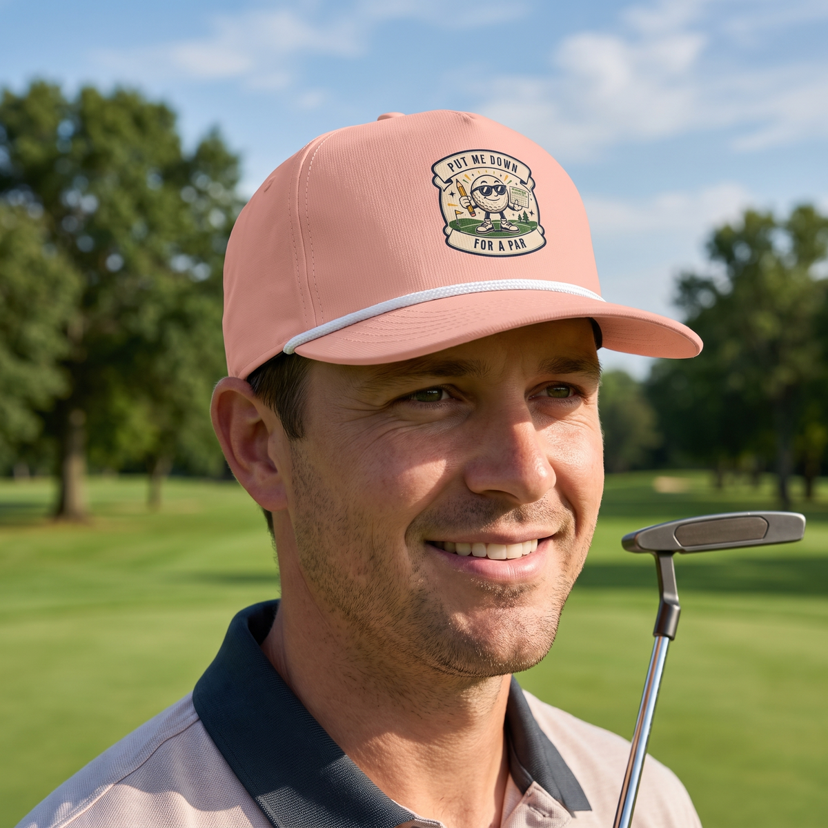 A golfer on a golf course wearing the Put Me Down for Par rope hat in Peachy with a white rope.