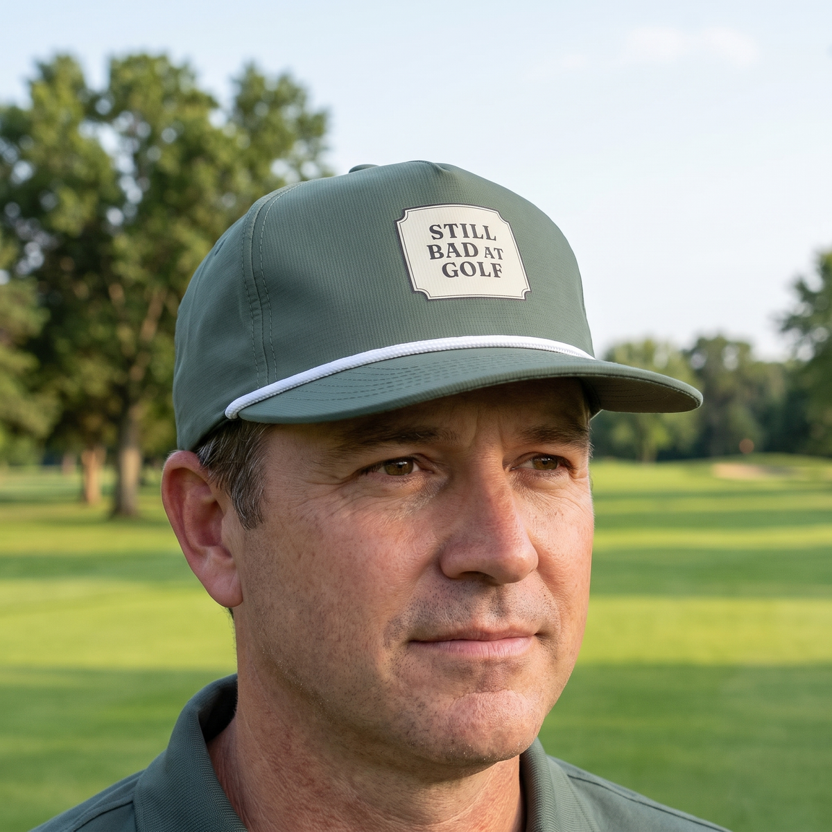 A golfer on a golf course wearing the Still Bad at Golf rope hat in Moss with a white rope.