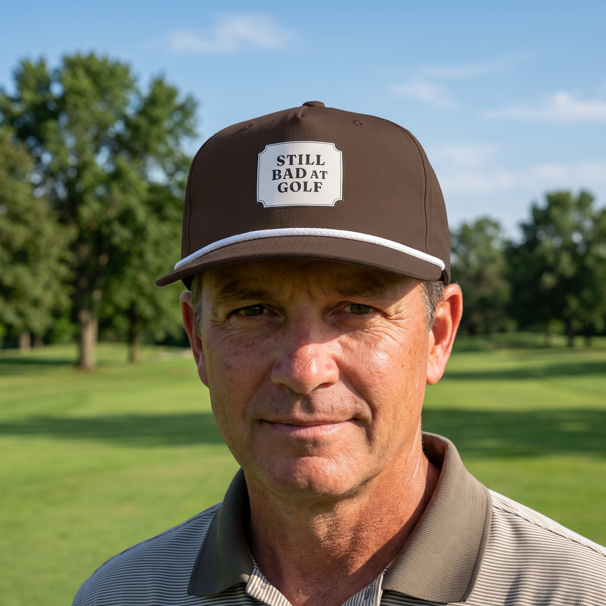 A golfer on a golf course wearing the Still Bad at Golf rope hat in Espresso with a white rope.