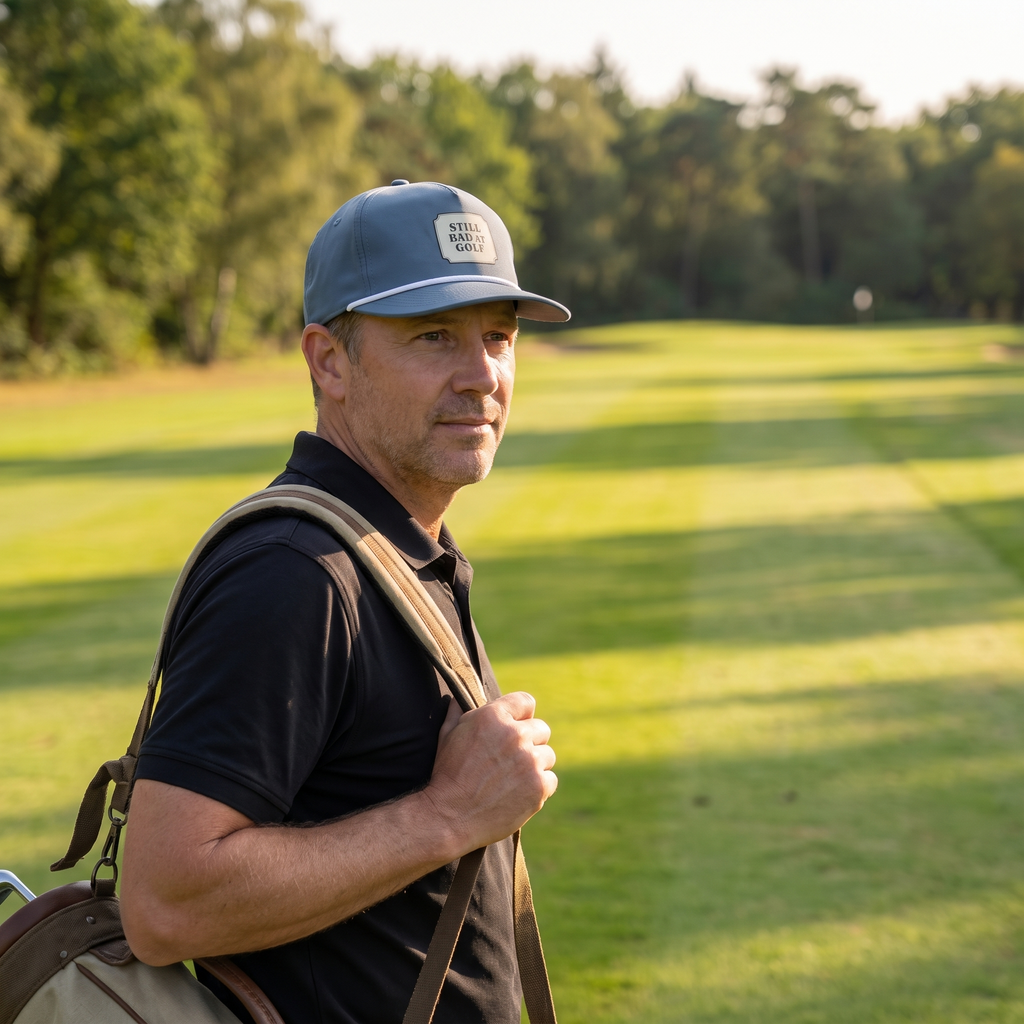 A golfer walking the fairway in late afternoon light, carrying a golf bag and wearing the Still Bad at Golf rope hat in Blue Jean with a white rope.