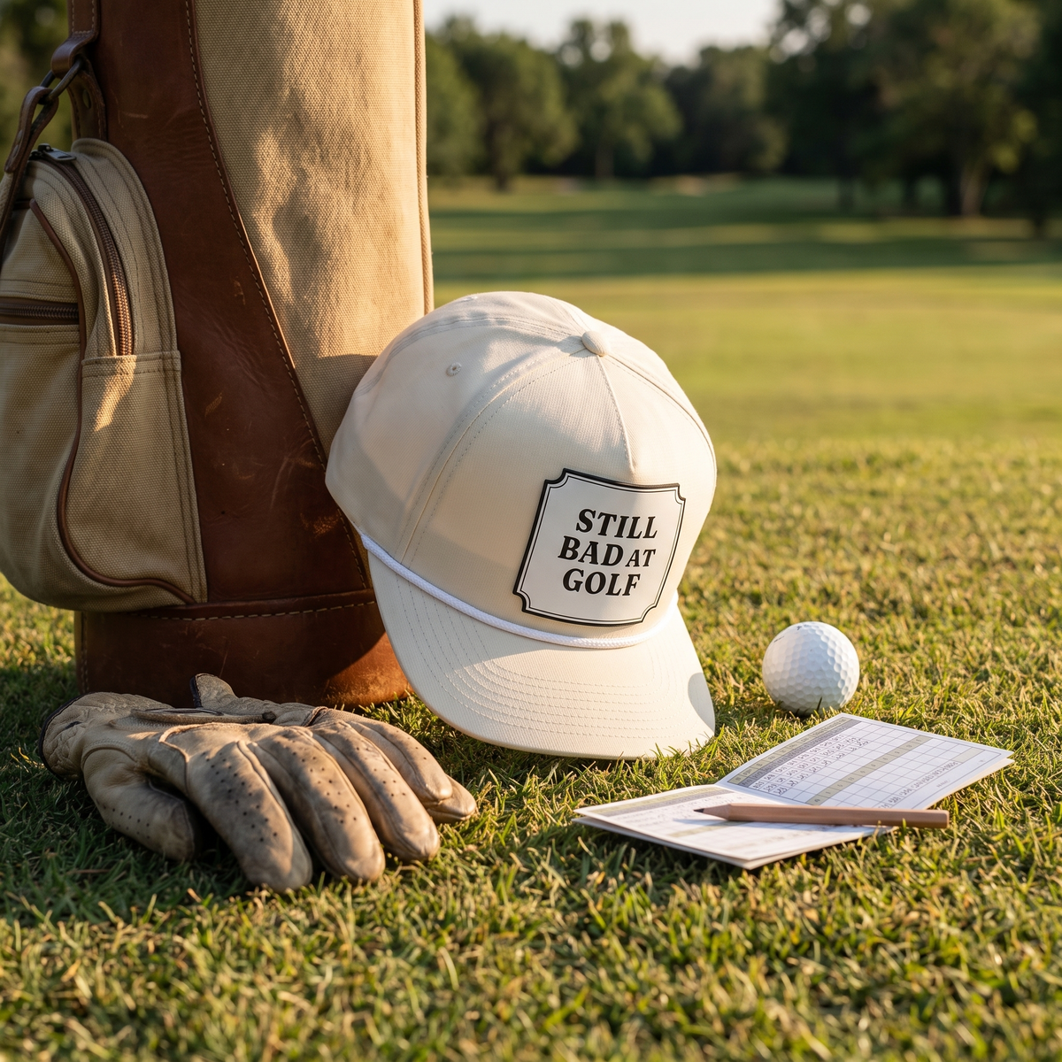 The Still Bad at Golf rope hat in Ivory resting against a canvas and leather golf bag on grass, beside a worn leather glove, a golf ball, a scorecard and a pencil.