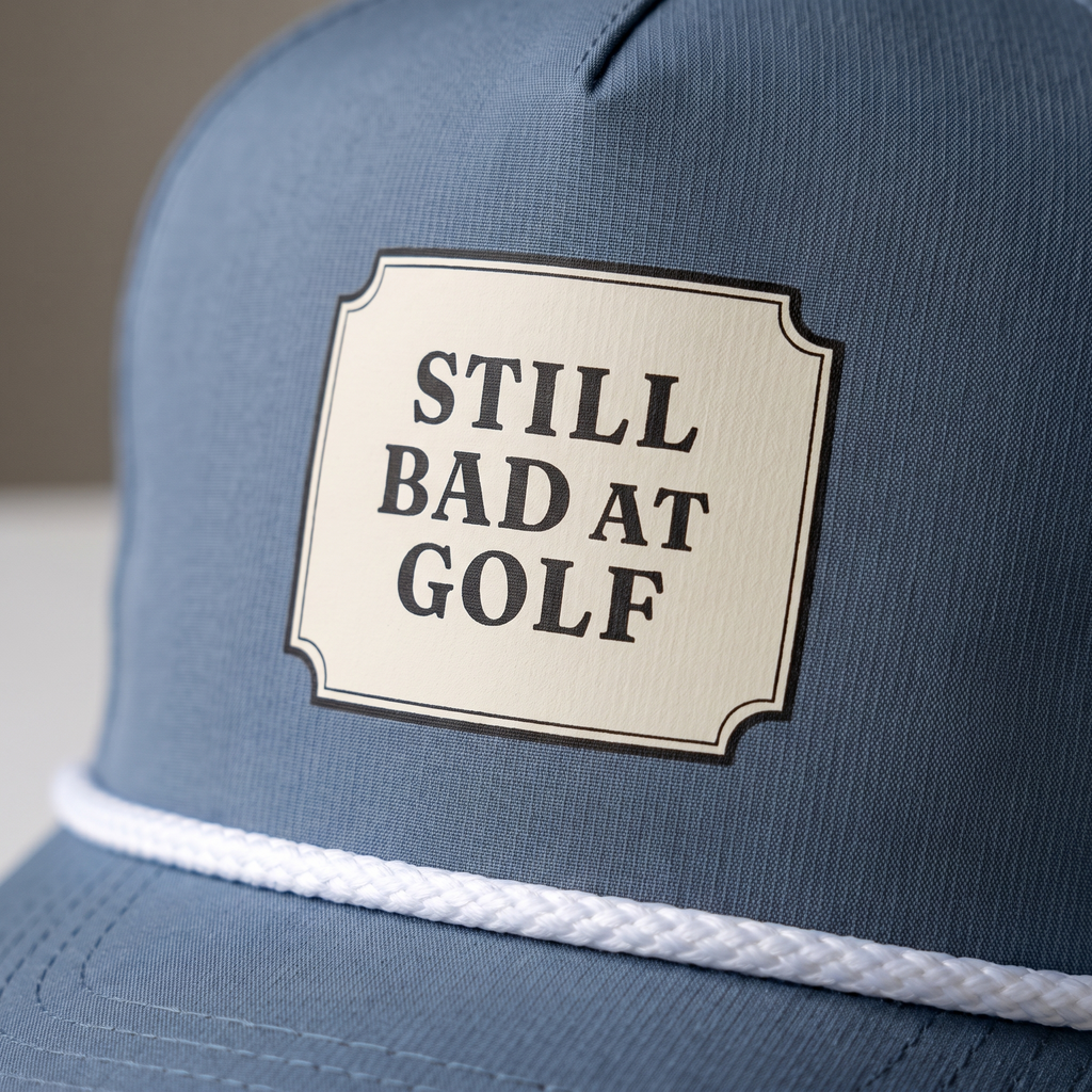 Close-up of the Still Bad at Golf rope hat in Blue Jean, showing the design printed directly onto the twill and the white braided rope across the bill.