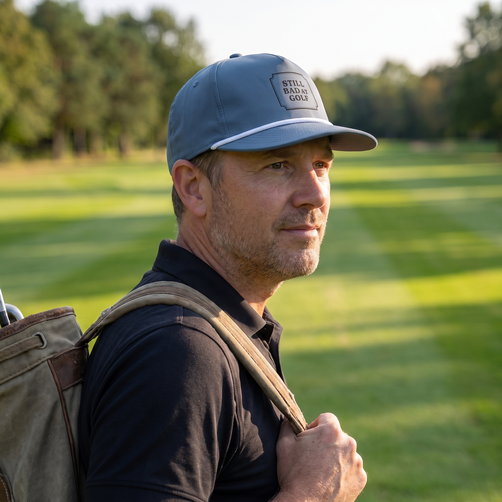 A golfer on the fairway in late afternoon light, golf bag on his shoulder, wearing the Still Bad at Golf rope hat in Blue Jean with a white rope.