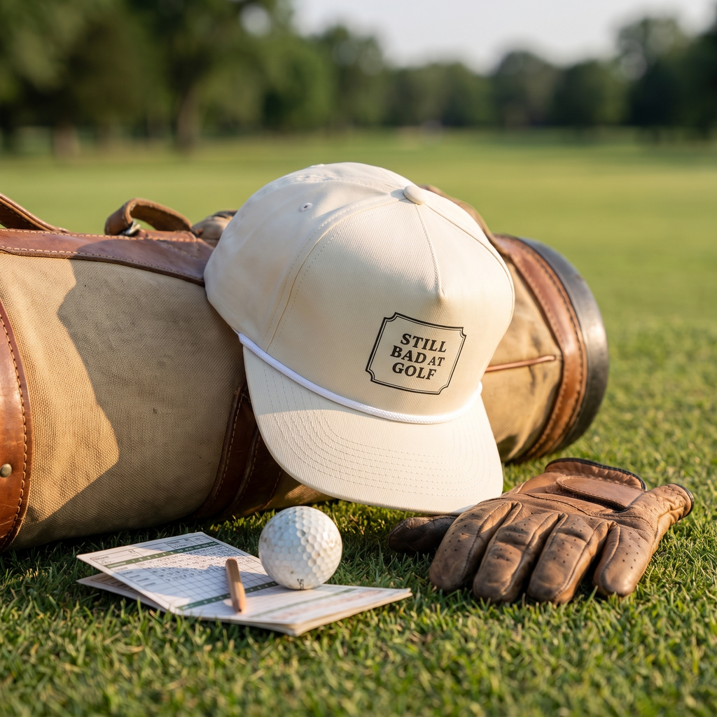 The Still Bad at Golf rope hat in Ivory resting against a canvas and leather golf bag on grass, beside a worn leather glove, a golf ball, a scorecard and a pencil.