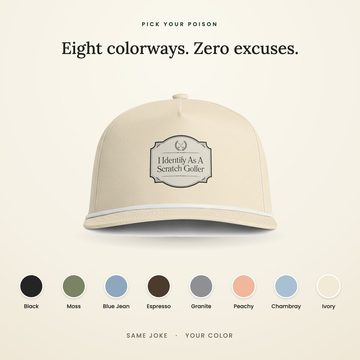 Eight colorways of the Scratch Golfer rope hat — Black, Moss, Blue Jean, Espresso, Granite, Peachy, Chambray, Ivory