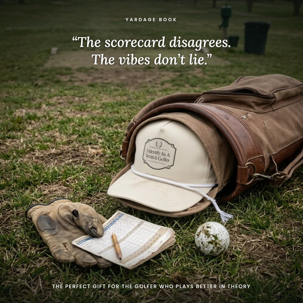 Scratch Golfer rope hat resting in a vintage golf bag — the perfect golf gift